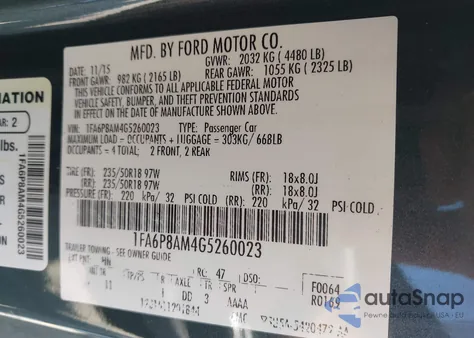 2016 Ford Mustang V6 from USA, damaged, VIN 1FA6P8AM4G5260023